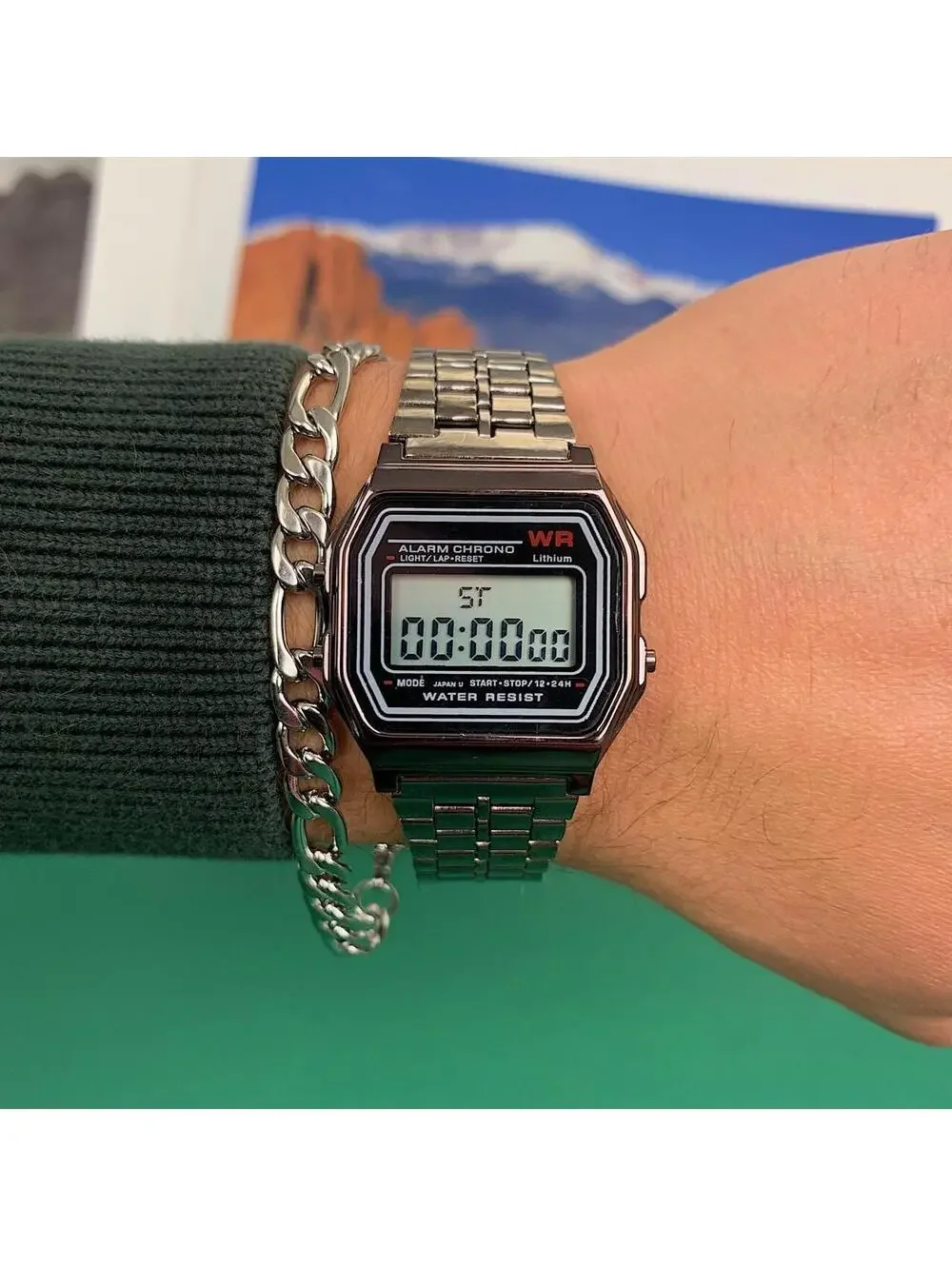 Y2k 2000s style cyber silver stainless steel digital watch